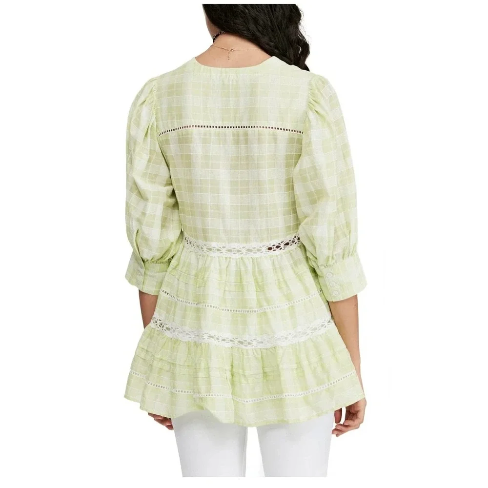 Free People Lime Green Time Out Plaid Crochet Lace‎ Babydoll Tunic Top Small